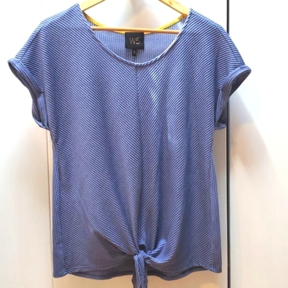 W5|Womens Blue Purple Textured Top Short Sleeve Tie Waist Career Office Sz.M
